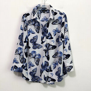 Paige Investments Blouse Popover Top S Blue Butterfly Summer Spring Party V Neck
